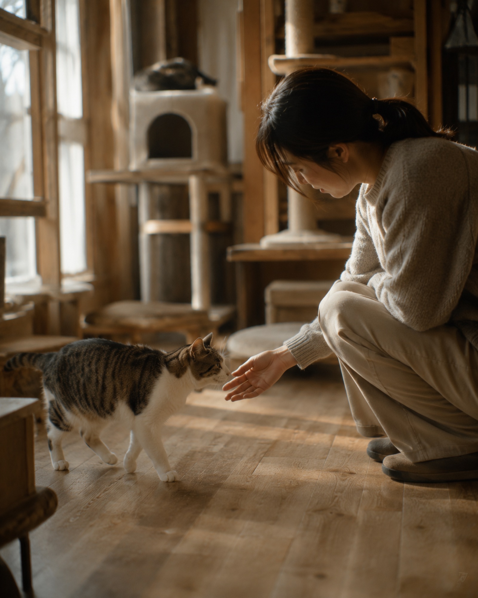 しゃがんで手を差し出す人に、ゆっくり近づいてくる猫