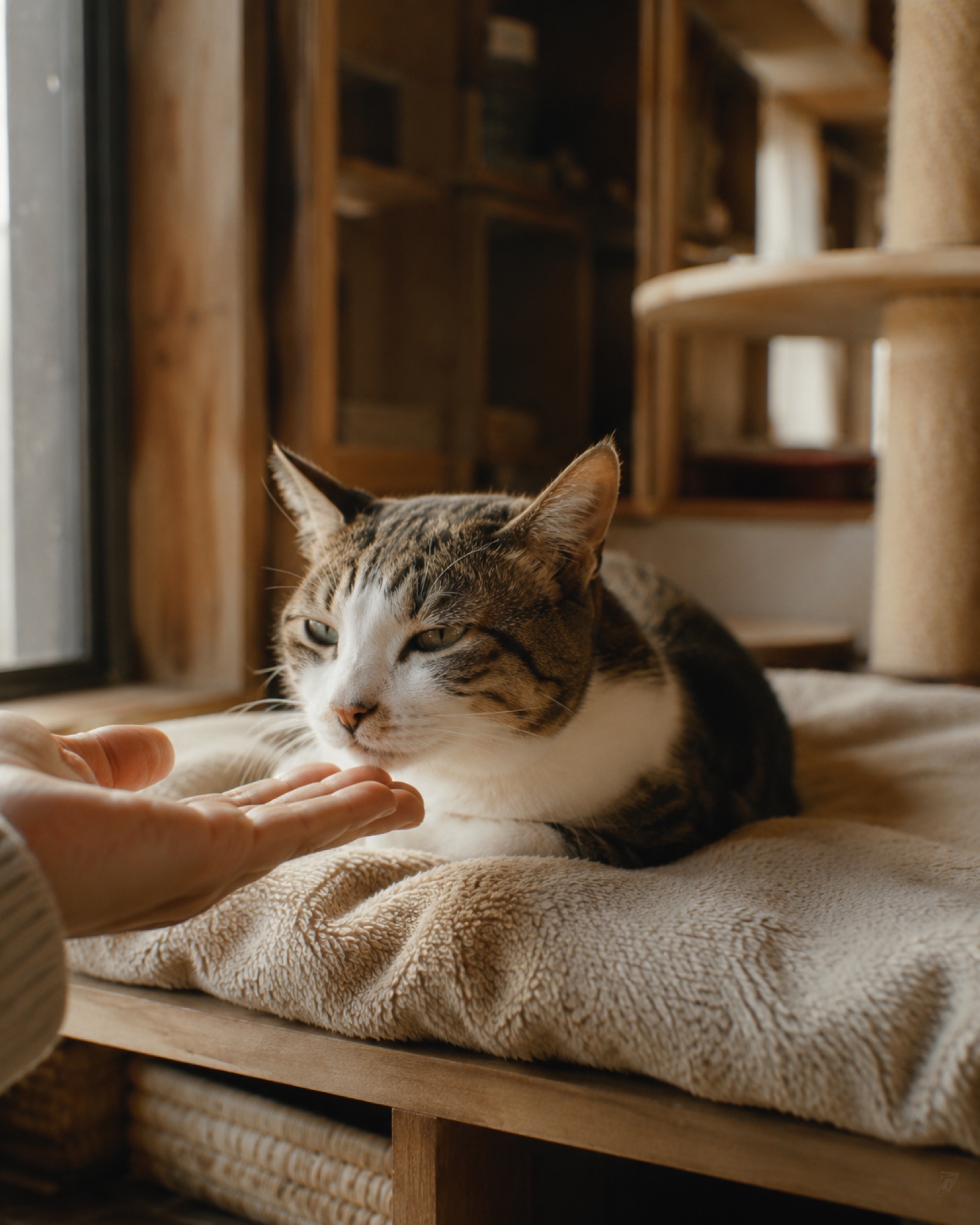 やさしく差し出された手に、安心した表情で寄り添う保護猫