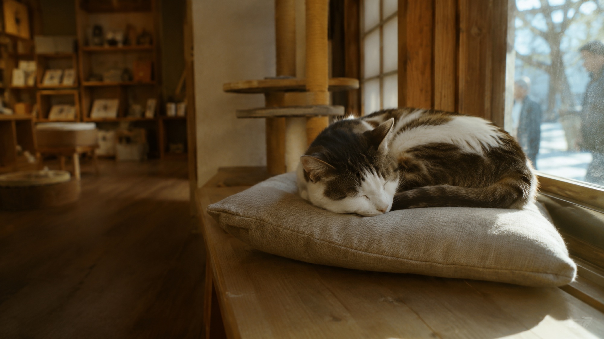 窓辺のクッションで、午後の光を浴びて眠る猫