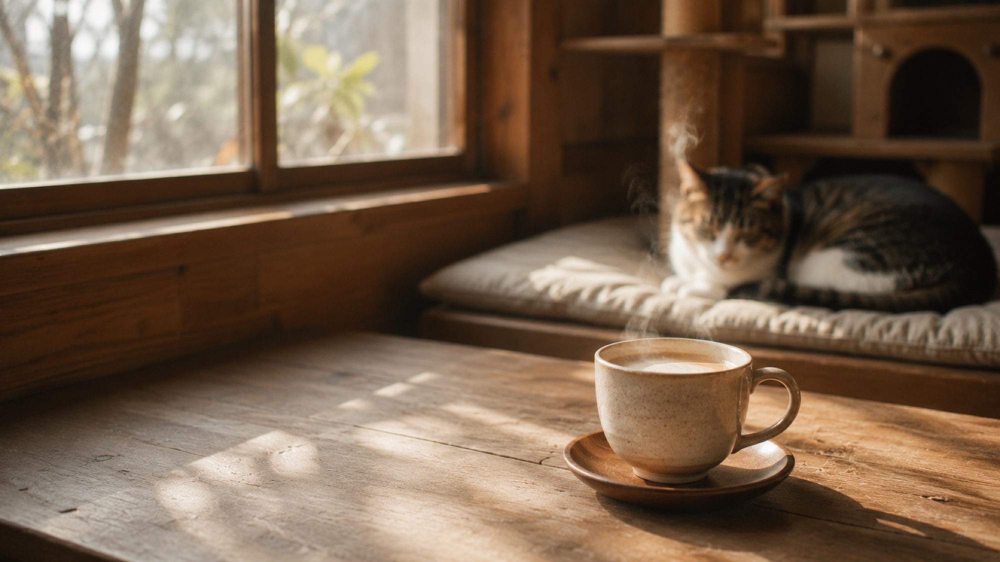 窓辺のテーブルに置かれた温かいラテと、奥でくつろぐ猫