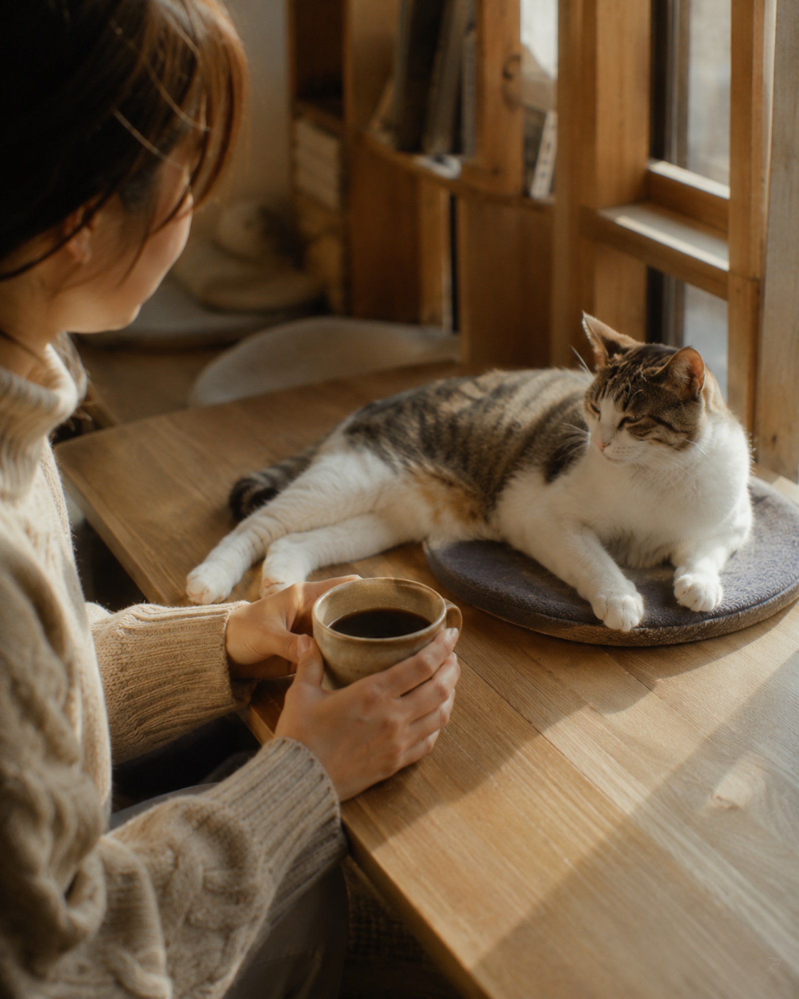 コーヒーを片手に、そばでくつろぐ猫と静かな午後を過ごす来店者