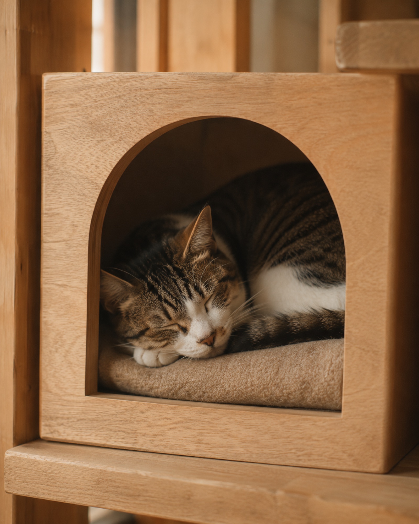 木の隠れ家の中で、誰にも邪魔されずに眠る猫